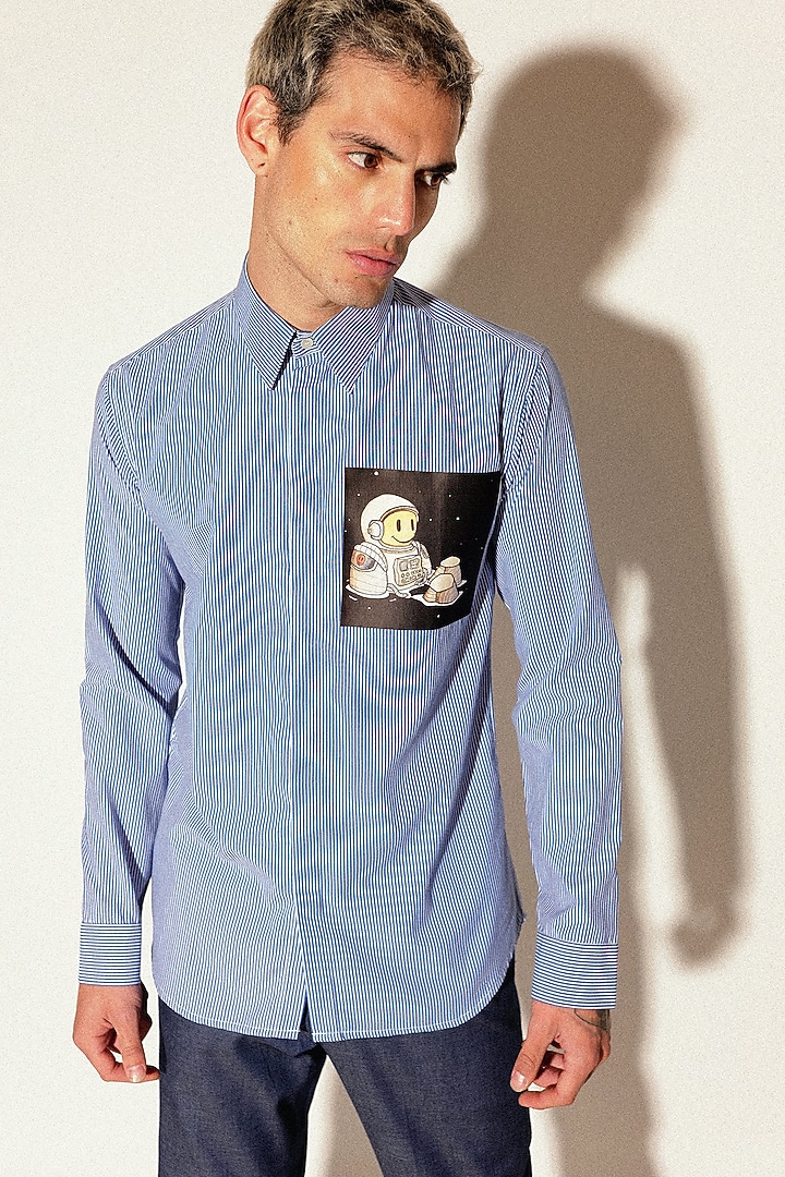 Blue & White Cotton Screen Printed Striped Party Wear Shirt by SAHIL ANEJA at Pernia's Pop Up Shop