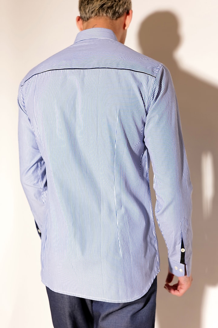 Blue & White Cotton Screen Printed Striped Party Wear Shirt by SAHIL ANEJA at Pernia's Pop Up Shop