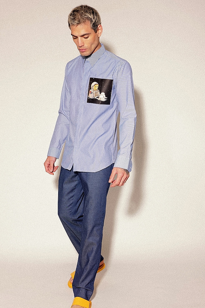Blue & White Cotton Screen Printed Striped Party Wear Shirt by SAHIL ANEJA at Pernia's Pop Up Shop