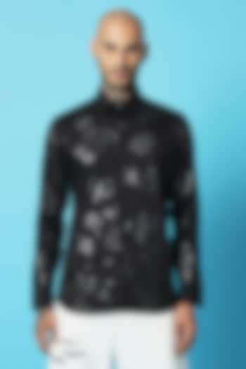 Black Cotton Screen Printed Shirt by SAHIL ANEJA