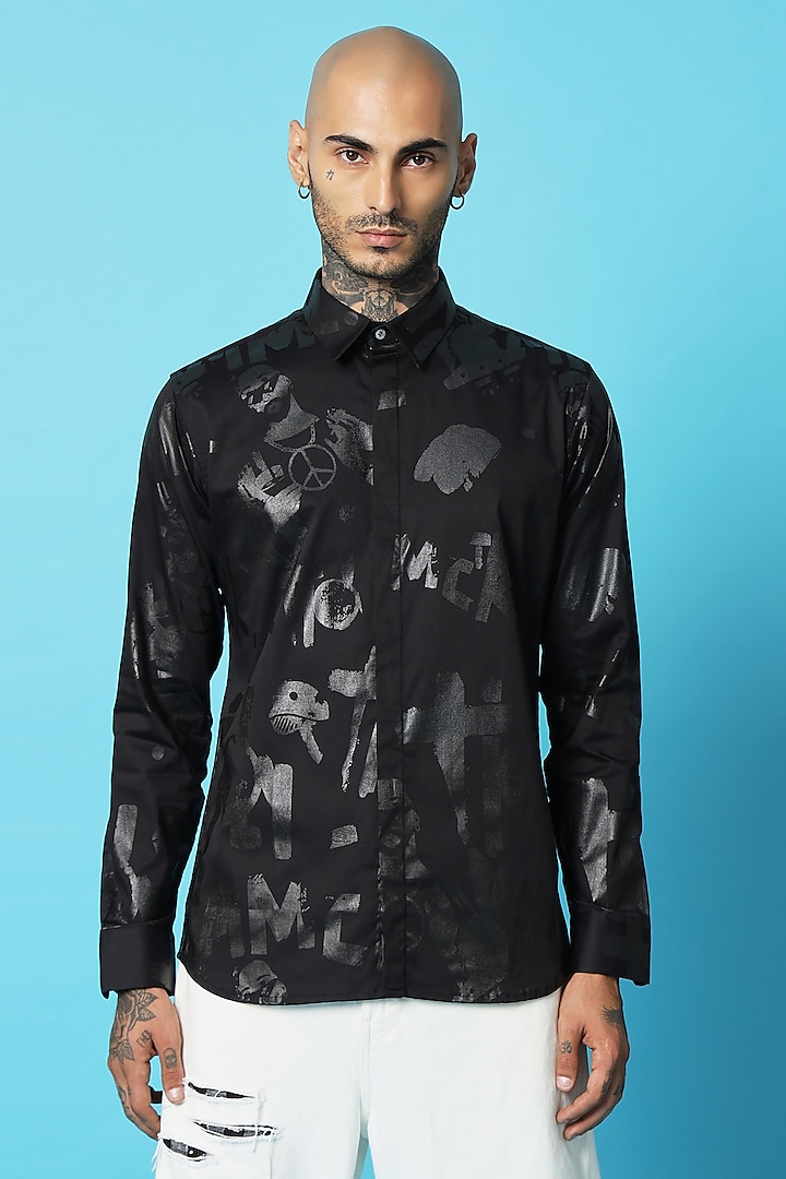 Black Cotton Screen Printed Shirt by SAHIL ANEJA