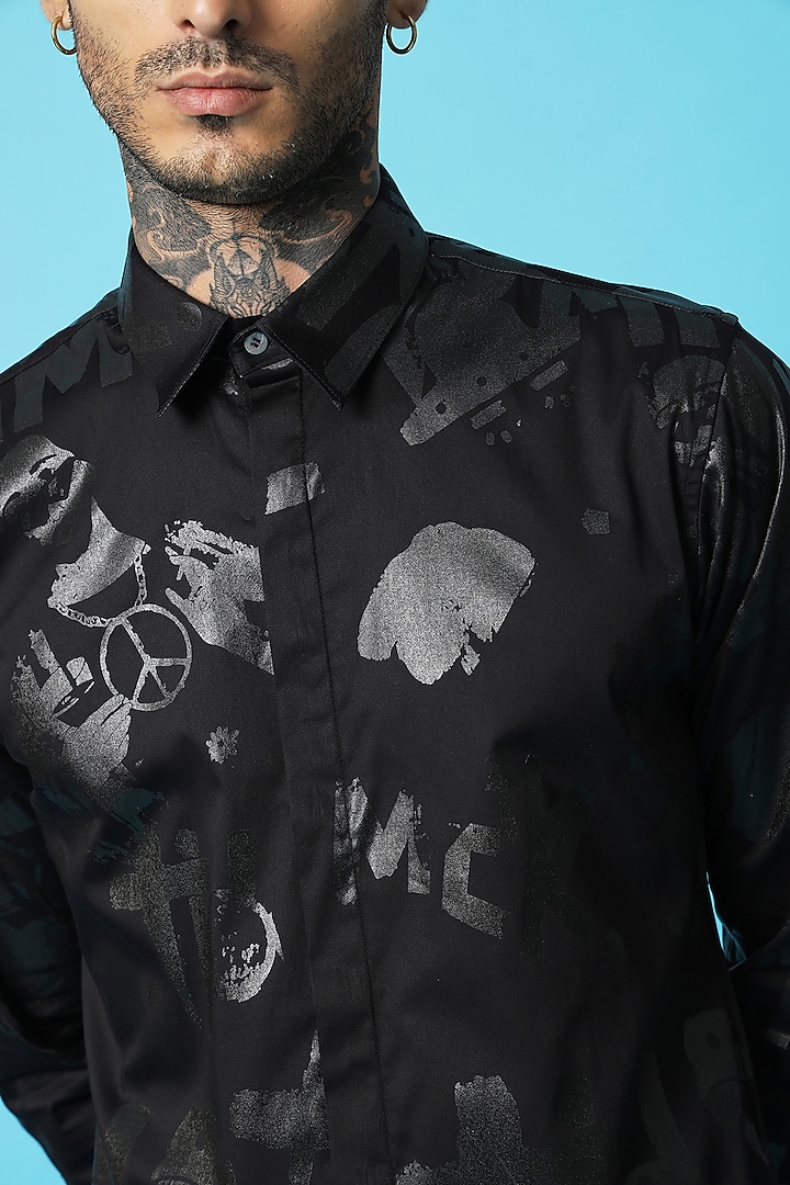 Black Cotton Screen Printed Party Wear Shirt by SAHIL ANEJA at Pernia's Pop Up Shop