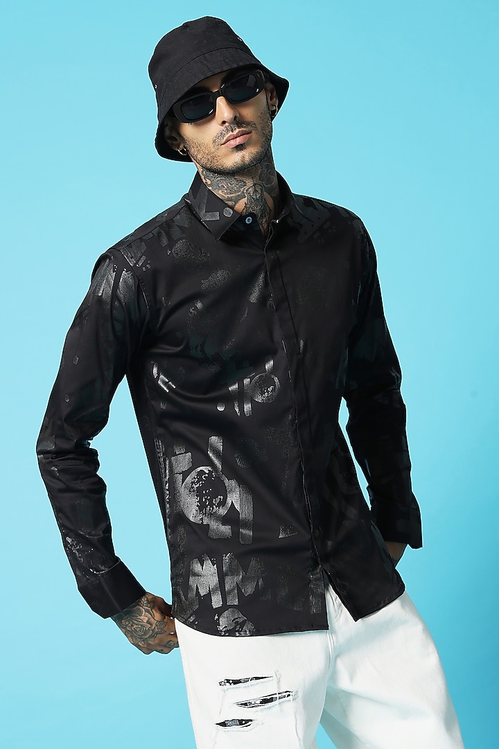 Black Cotton Screen Printed Party Wear Shirt by SAHIL ANEJA at Pernia's Pop Up Shop