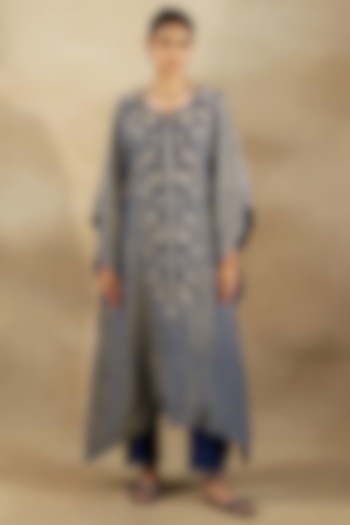 Blue Bandhani Tissue Hand & Machine Embroidered Kaftan Set by SHALKII at Pernia's Pop Up Shop