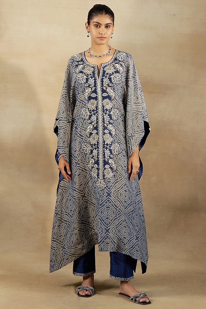 Blue Bandhani Tissue Hand & Machine Embroidered Kaftan Set by SHALKII at Pernia's Pop Up Shop