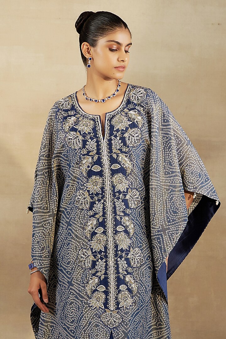 Blue Bandhani Tissue Hand & Machine Embroidered Kaftan Set by SHALKII at Pernia's Pop Up Shop