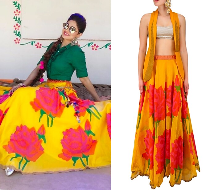 Yellow and pink rose print lehenga skirt and golden bustier set available only at Pernia's Pop Up Shop.