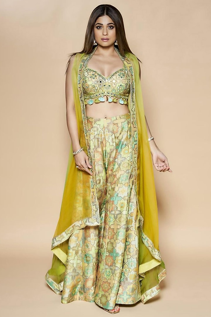 Mint Green Printed Sharara Set With Cape by GOPI VAID