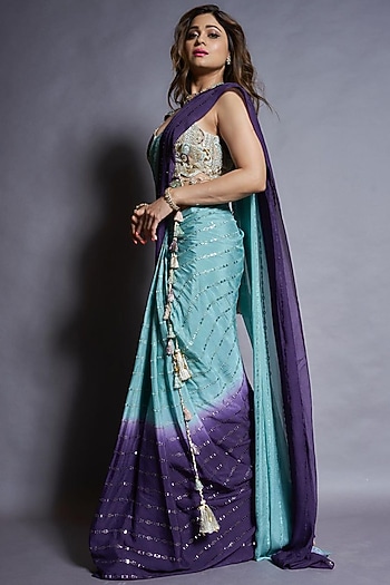 Powder Blue & Purple Georgette Wedding Saree Set by Payal Singhal at Pernia's Pop Up Shop