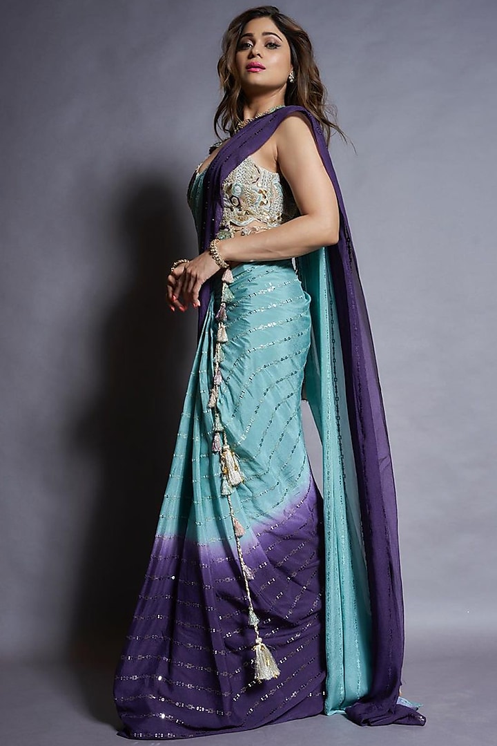 Powder Blue & Purple Georgette Saree Set by Payal Singhal