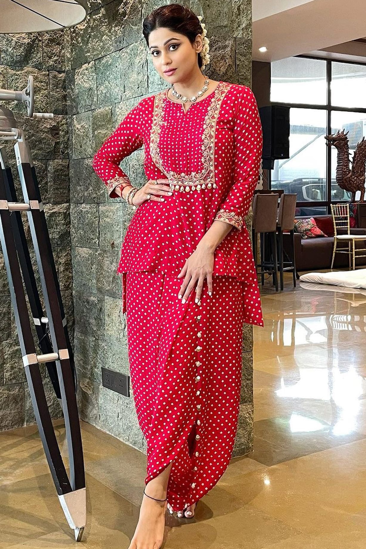 Red Silk Bandhani Co-Ord Set by Pink City By Sarika at Pernia's