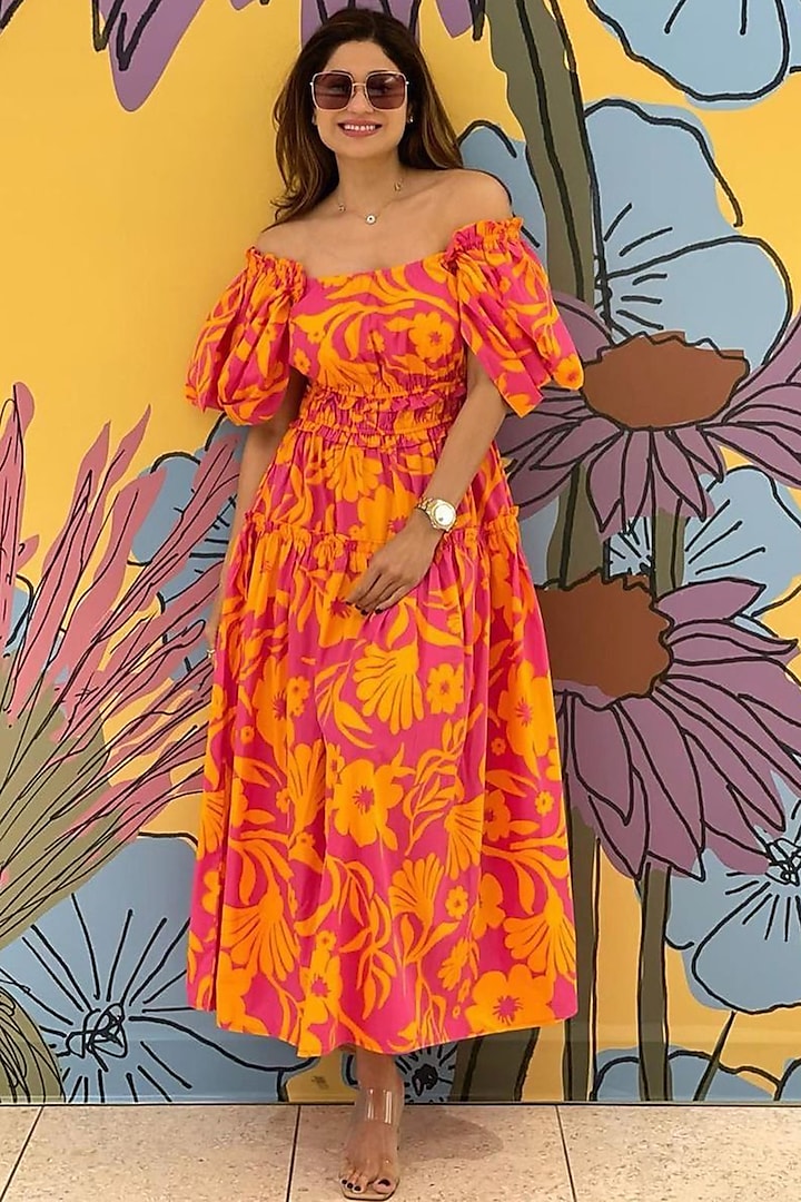 Bright Orange & Pink Cotton Floral Printed Dress by House Of Fett