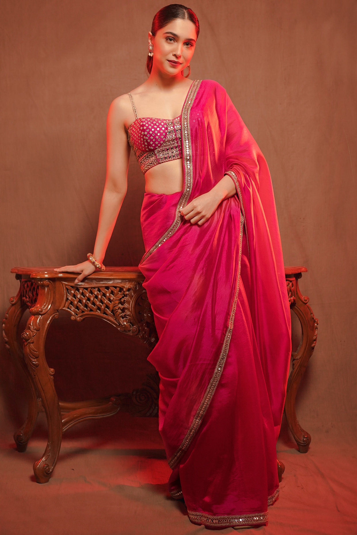Partywear Pink Colour Embroidered Saree With Heavy Blouse And Belt - KSM  PRINTS - 4180184