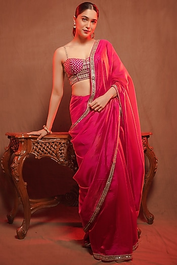 Rani Pink Organza Silk Wedding Saree Set by Punit Balana at Pernia's Pop Up Shop