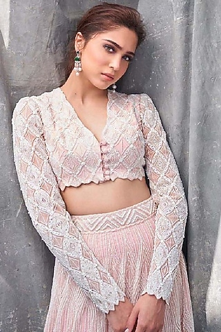 Ivory & Pink Crepe Silk Hand Embroidered Lehenga Set by Ritika Mirchandani