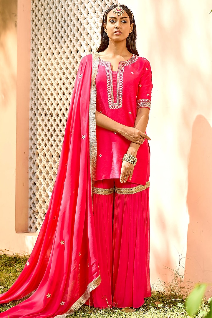 Rani Pink Pure Dupion Silk & Pure Georgette Nakshi Embroidered Pleated Sharara Set by Bbaawri