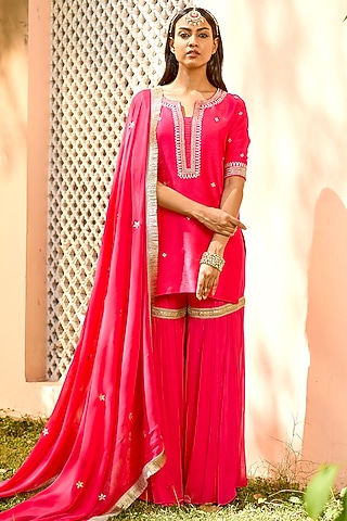 Rani Pink Pure Dupion Silk & Pure Georgette Nakshi Embroidered Pleated Sharara Set by Bbaawri