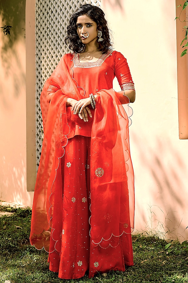 Coral Red Silk Pure Dupion Silk Gota Patti & Nakshi Embroidered Sharara Set by Bbaawri