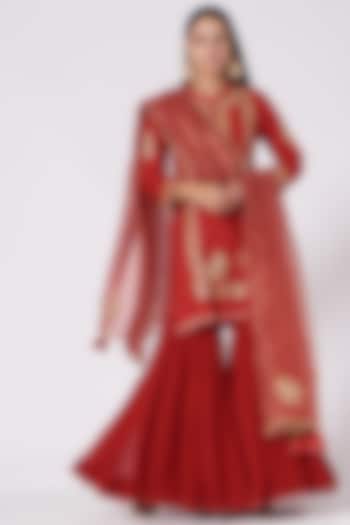 Dark Red Gota Embellished Short Kurta Set by Sheetal Batra