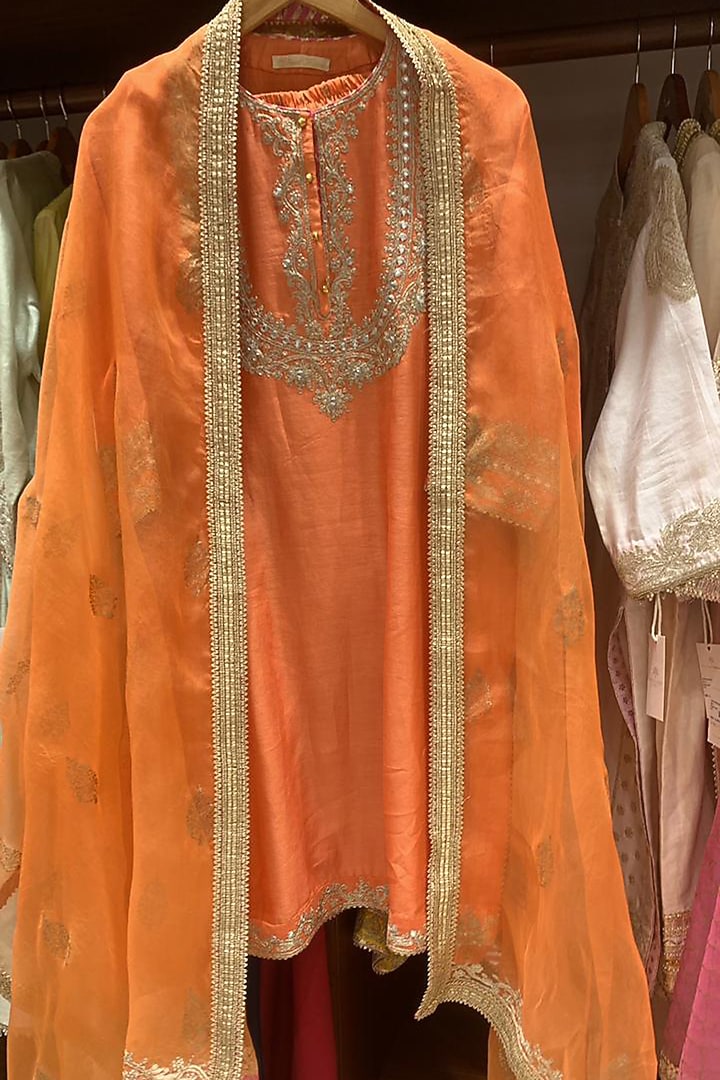 Tangerine Orange Silk Chanderi Printed & Embroidered Kurta Set by Sheetal Batra at Pernia's Pop Up Shop