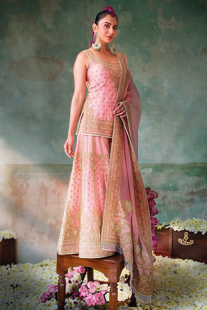 Peach Pink Pure Silk Chanderi Zardosi Embroidered Bridal Sharara Set by Sheetal Batra at Pernia's Pop Up Shop