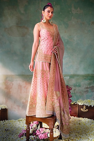 Peach Pink Pure Silk Chanderi Zardosi Embroidered Sharara Set by Sheetal Batra