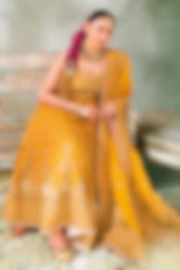 Mustard Pure Silk Chanderi Kashmiri Tilla Embroidered Anarkali Set by Sheetal Batra at Pernia's Pop Up Shop