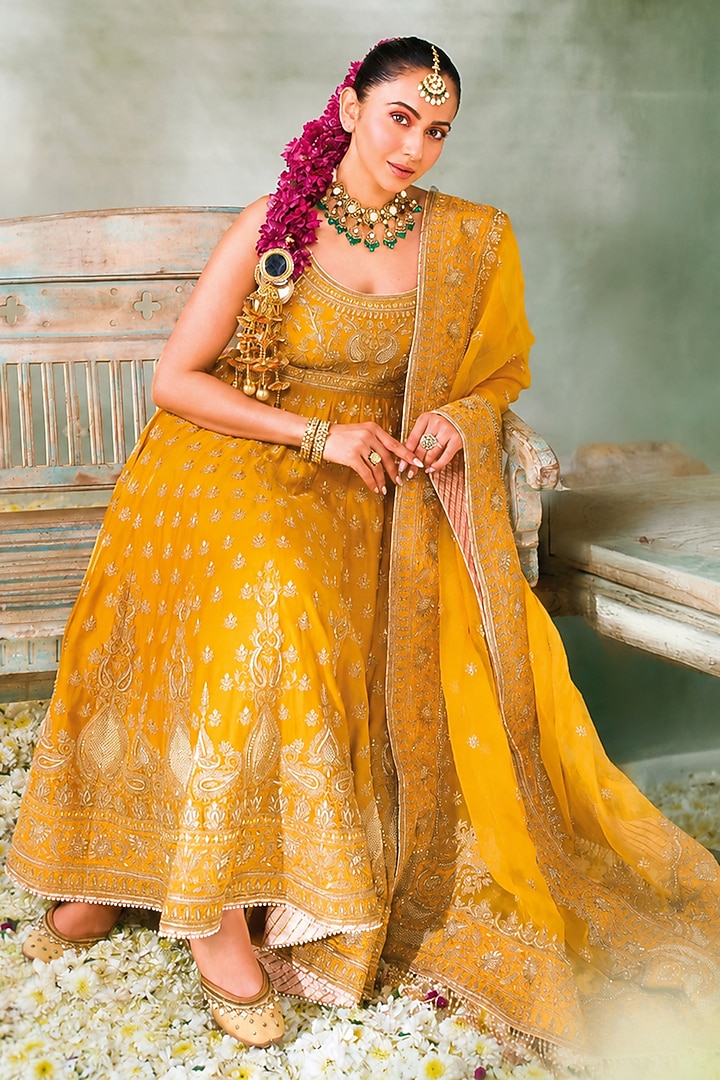 Mustard Pure Silk Chanderi Kashmiri Tilla Embroidered Anarkali Set by Sheetal Batra at Pernia's Pop Up Shop