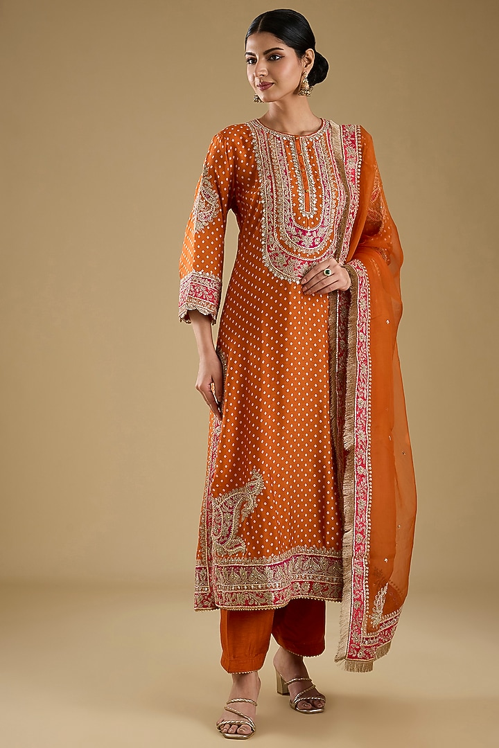 Orange Upada Silk Bandhej Printed Kurta Set by Sheetal Batra at Pernia's Pop Up Shop