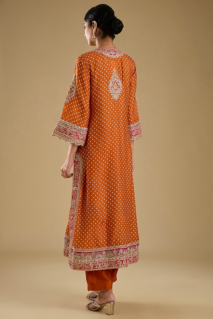 Orange Upada Silk Bandhej Printed Kurta Set by Sheetal Batra at Pernia's Pop Up Shop