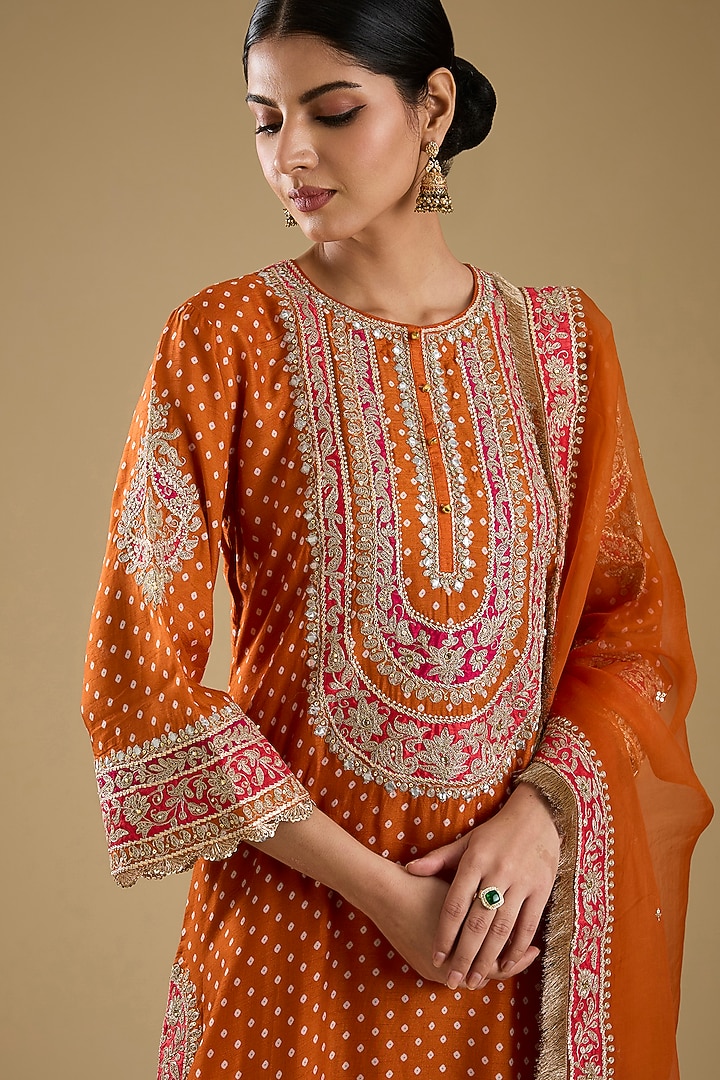 Orange Upada Silk Bandhej Printed Kurta Set by Sheetal Batra at Pernia's Pop Up Shop
