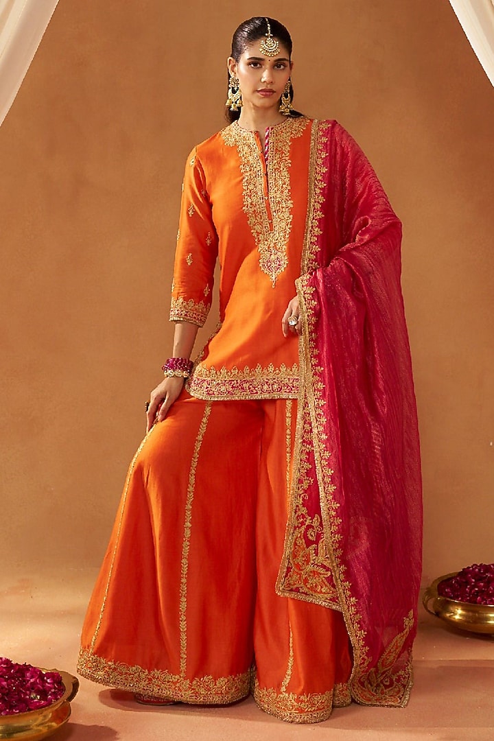 Burnt Orange Silk Chanderi Sharara Set by Sheetal Batra at Pernia's Pop Up Shop