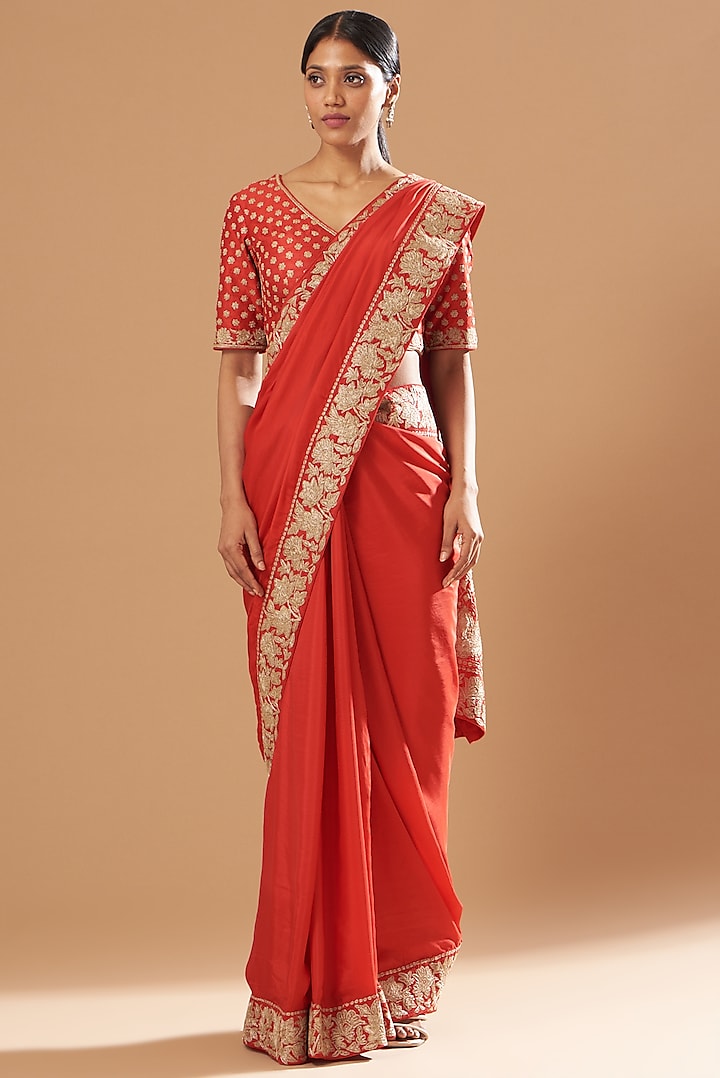 Red Saree Set With Embroidery by Sheetal Batra