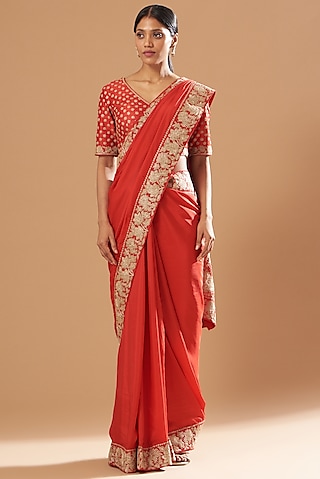 Red Saree Set With Embroidery by Sheetal Batra
