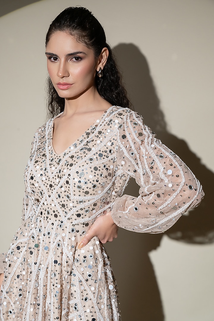 Nude Tulle Net Mirror Hand Embellished Mini Vacation Dress by Shine Bright at Pernia's Pop Up Shop