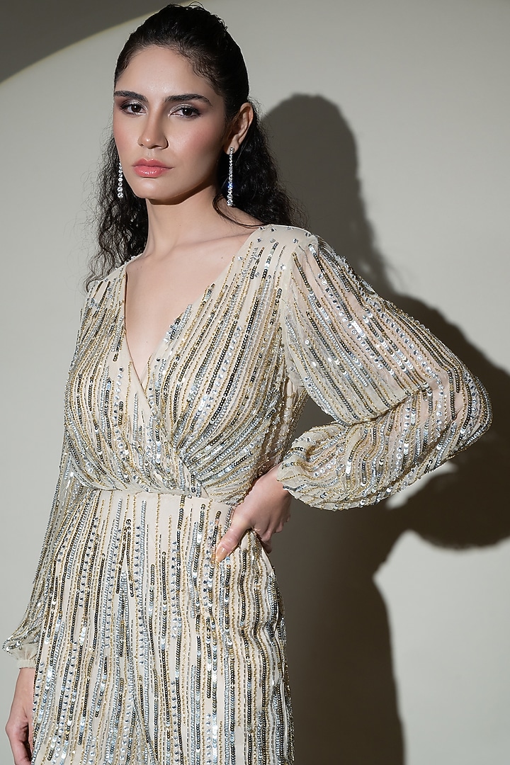 Champagne Tulle Net Sequins Hand Embellished Romper by Shine Bright at Pernia's Pop Up Shop