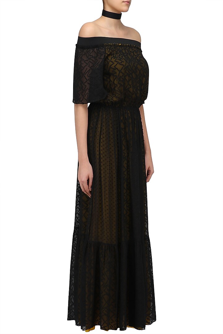 Black Robbie Off Shoulder Midi Dress available only at Pernia's Pop Up Shop.
