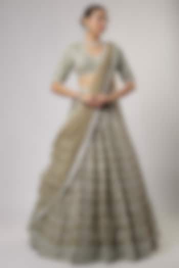 Olive Green Dupion Silk Zardosi & Sequins Embroidered Bridal Lehenga Set by Shlok Design at Pernia's Pop Up Shop