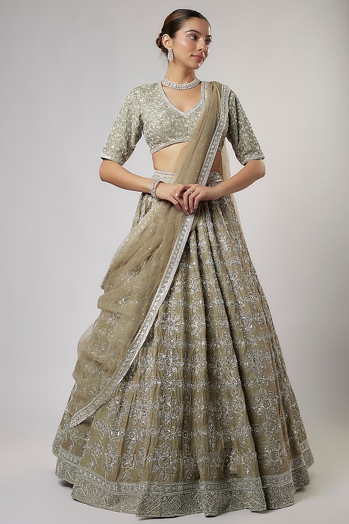 Olive Green Dupion Silk Zardosi & Sequins Embroidered Bridal Lehenga Set by Shlok Design at Pernia's Pop Up Shop