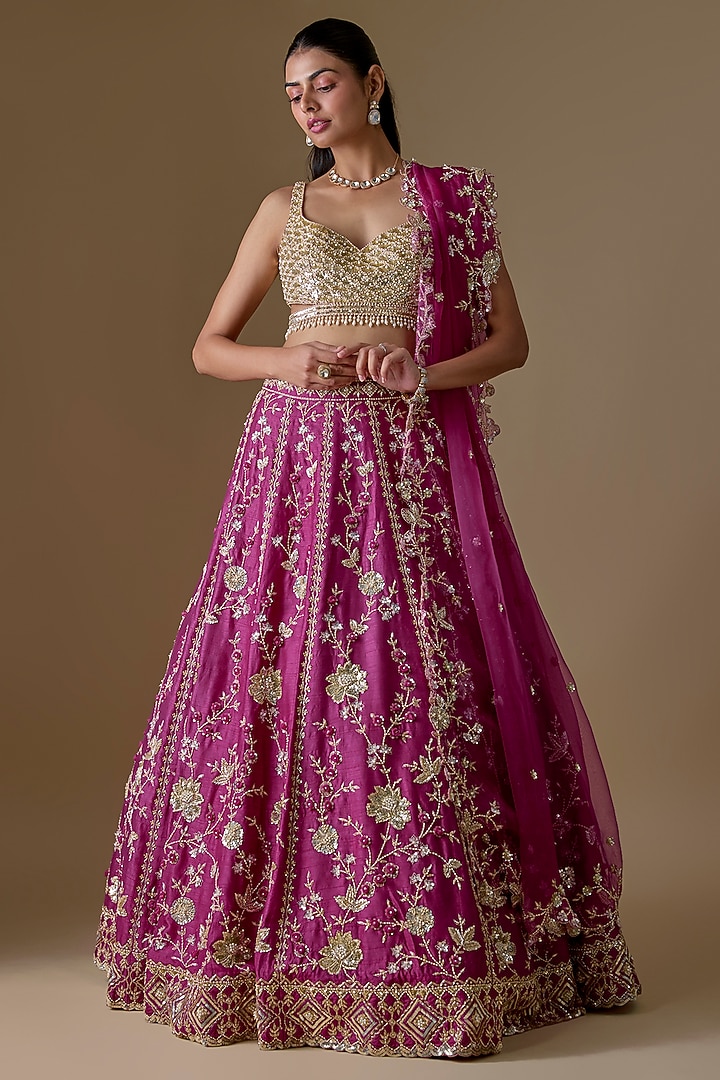Wine Dupion Silk Zardosi Embroidered Bridal Lehenga Set by Shlok Design at Pernia's Pop Up Shop