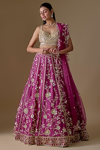 Wine Dupion Silk Zardosi Embroidered Lehenga Set by Shlok Design