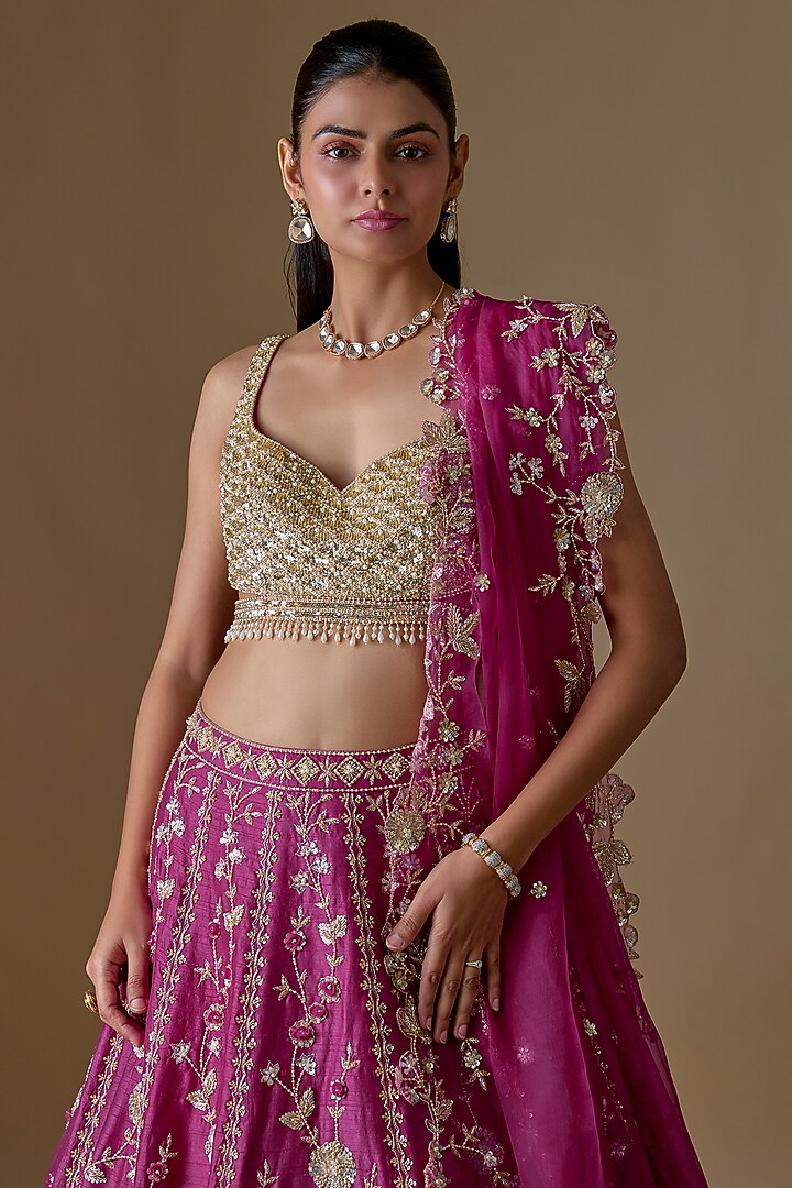 Wine Dupion Silk Zardosi Embroidered Bridal Lehenga Set by Shlok Design at Pernia's Pop Up Shop