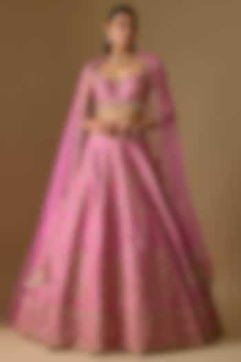 Pink Dupion Silk Zardosi Embroidered Handcrafted Bridal Lehenga Set by Shlok Design at Pernia's Pop Up Shop