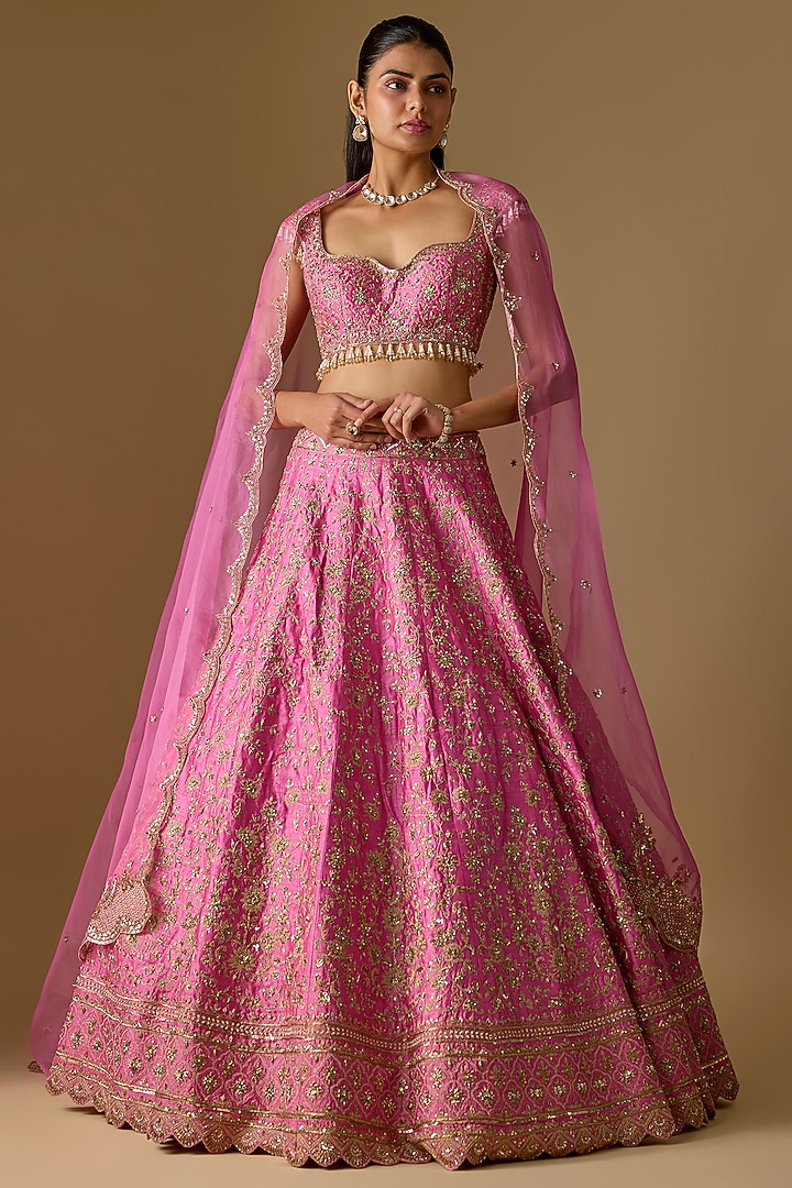 Pink Dupion Silk Zardosi Embroidered Handcrafted Bridal Lehenga Set by Shlok Design at Pernia's Pop Up Shop