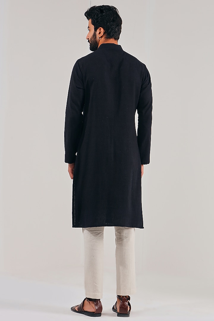 Black Cotton Linen Overlapped Kurta by Shreyansh Designs at Pernia's Pop Up Shop