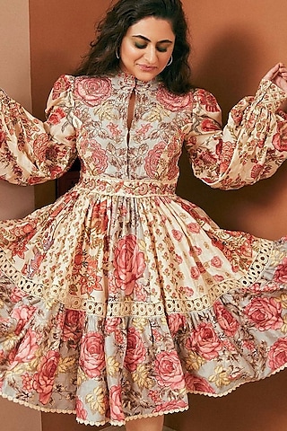 Off-White & Grey Tropical Printed Dress by Ri Ritu Kumar