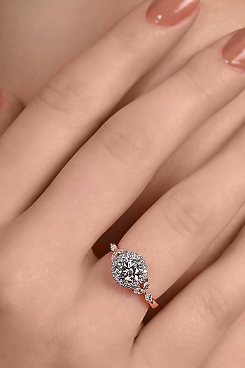 14kt Rose Gold Finish Diamond Halo Bay Leaf Ring by Shine Eternal at Pernia's Pop Up Shop
