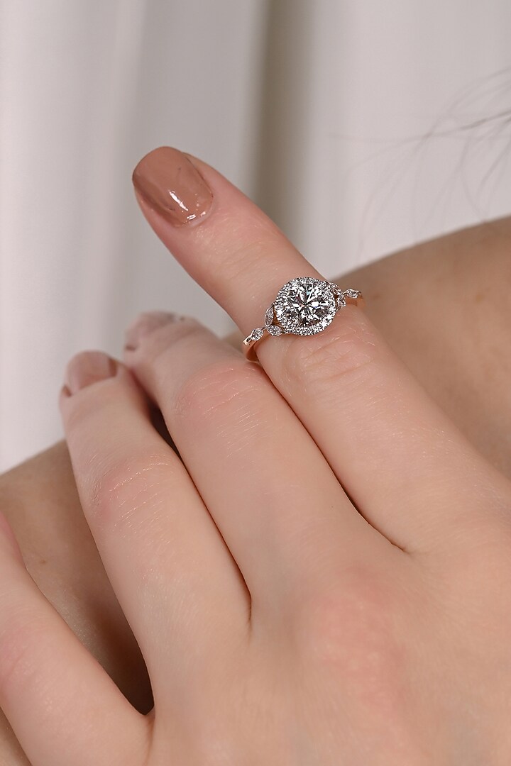 14kt Rose Gold Finish Diamond Halo Bay Leaf Ring by Shine Eternal at Pernia's Pop Up Shop