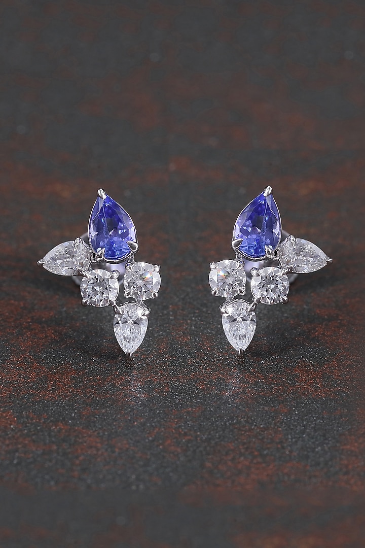 14kt White Gold Finish Round-Cut Diamond & Blue Gemstone Stud Earrings by Shine Eternal at Pernia's Pop Up Shop