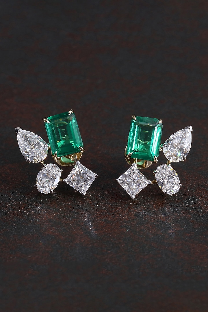 14kt Yellow Gold Finish 3.68 Carat Diamond & 3.68 Carat Emerald Green Stone Stud Earrings by Shine Eternal at Pernia's Pop Up Shop